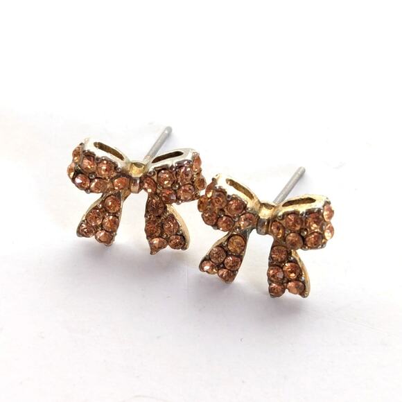 Vintage Pink Rhinestone Cute Dainty Heart and Bow Feminine Stud Post Earrings - Picture 3 of 4